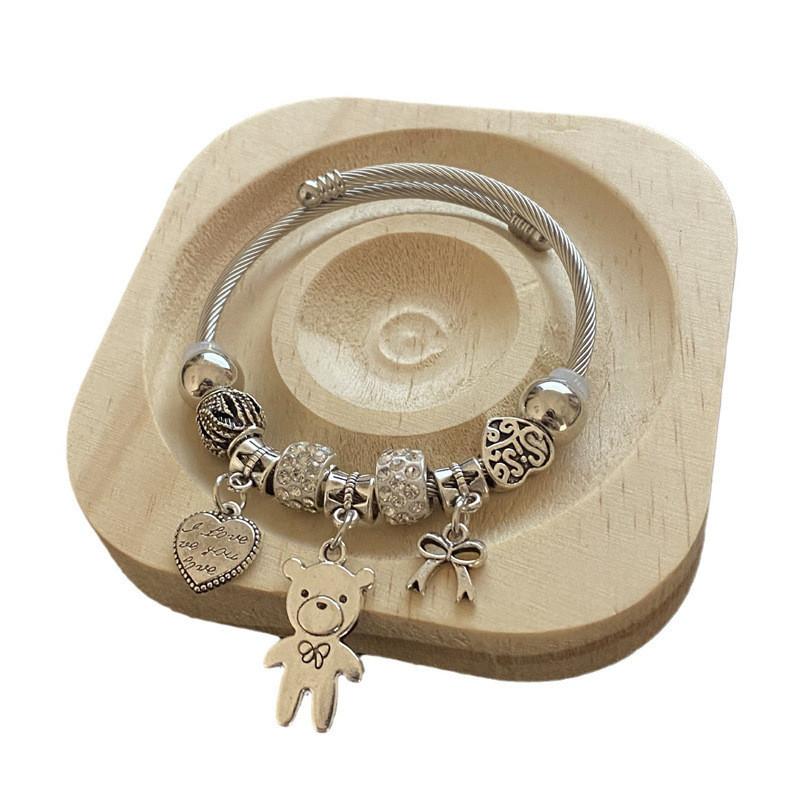 Stainless Steel Heart Bear Diy Charm Bracelet With Zirconia For Gift And Fashion Accessory