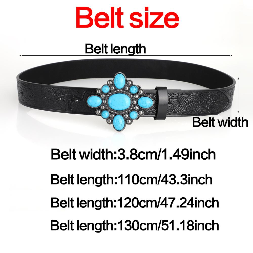 Fashion Bohemian Style Women's Belt Turquoise Inlaid Metal Buckle Personality Vintage Black Embossed PU Leather Belts Plus Size