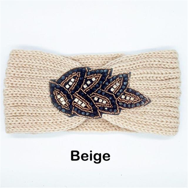 Women Rinestone Winter Headband Warmer Ear Knitted Wool Head Bands Turban Head Wrap Girl Bead Hairband Headwear Hair Accessories