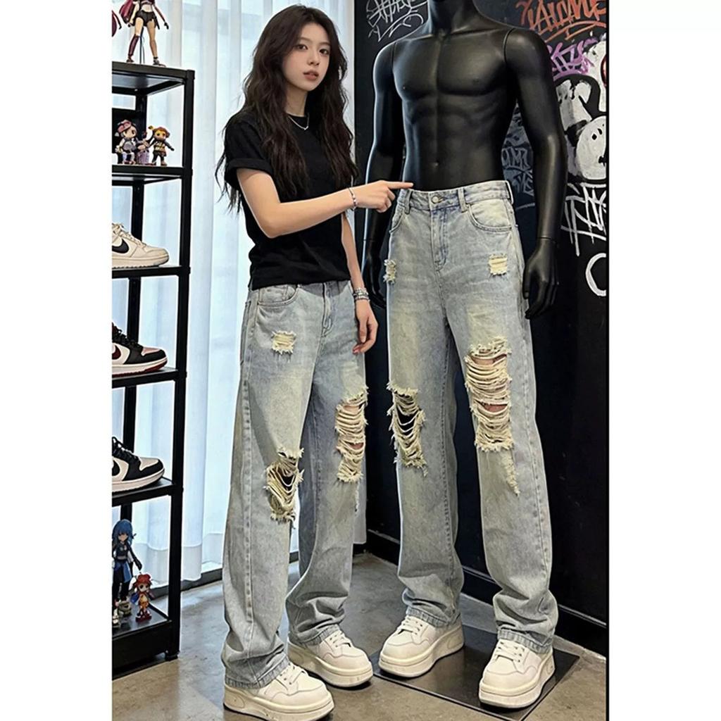 American Retro Blue Ripped Jeans Men's Summer Ruffian Handsome Loose Casual Pants Cleanfit Straight Pants