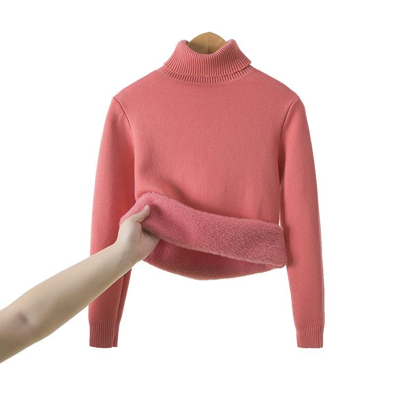 Kids Girls Thick Fleece Lined High Neck Knit Sweater Warm Pullover Base Layer