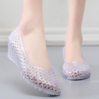 Fashion FHANCHU 2025 New Soft PVC Sandals,Wedges Jelly Shoes,Crystal Summer Heels,Hollow Out,Round Toe,Gold,Silver,Size 36-40,Dropship