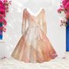 Women Plus Size V Neck Faux Fur Trim Long Sleeve Pink Gold Marble Print A Line Midi Dress With Belt