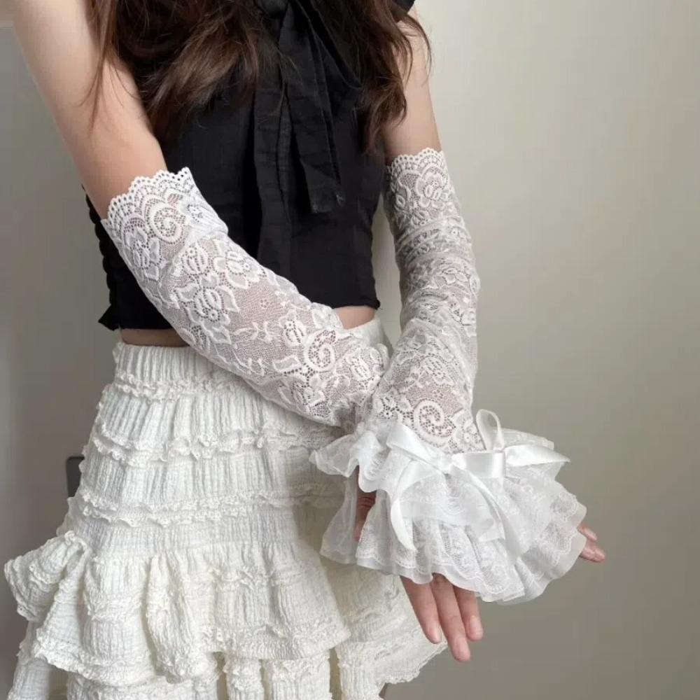 Lace Bowknot Bridal Wrist Gloves Y2K Long Gloves Graceful Womens Sleeve