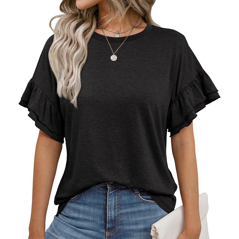 Damen Sommer Rüschen Kurzarm O-Ausschnitt Einfarbig Pullover T-Shirt Top