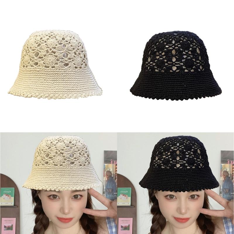 Crochet Floral Bucket Hat for Woman Teenagers Outdoor Foldable Commute Fisherman Hat Wide Brim Summer Sunproof Hat