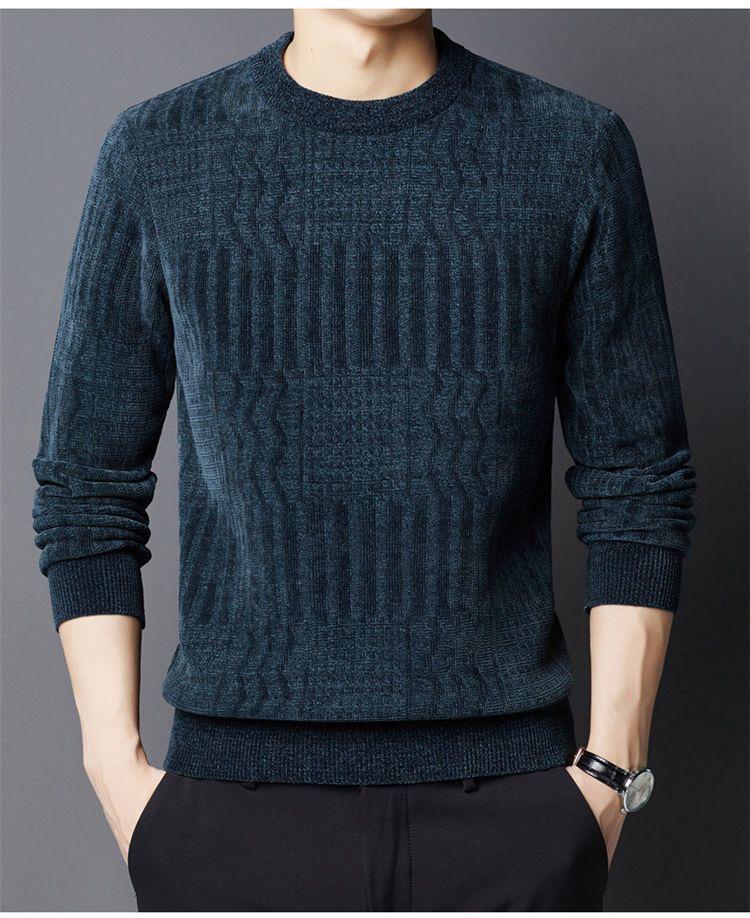 Mid-aged Men's Fleece-lined Warm Chenille Round Neck Base Layer Knitwear for Autumn/Winter