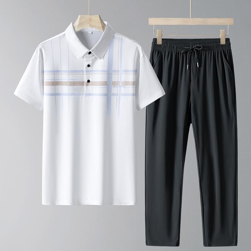 Traje Deportivo para Hombres de Mediana Edad y Mayores, Casual de Seda Helada de Manga Corta, Conjunto de Dos Piezas para Hombres