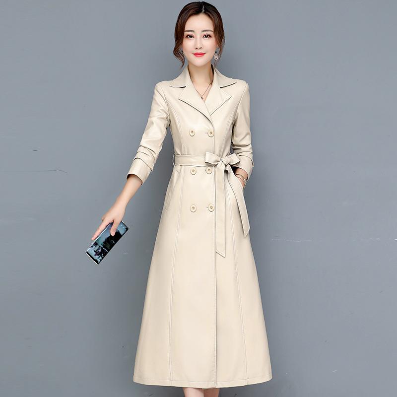 

Кожаная женская ветровка средней длины выше колена из искусственной кожи, осенне-зимнее пальто, пальто больших размеров 7XL бежевый