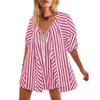 Summer Tshirt Rompers for Women,Casual Striped Puff Short Sleeve Rompers,Adjustable Neck Oversized Jumpsuit with Pockets