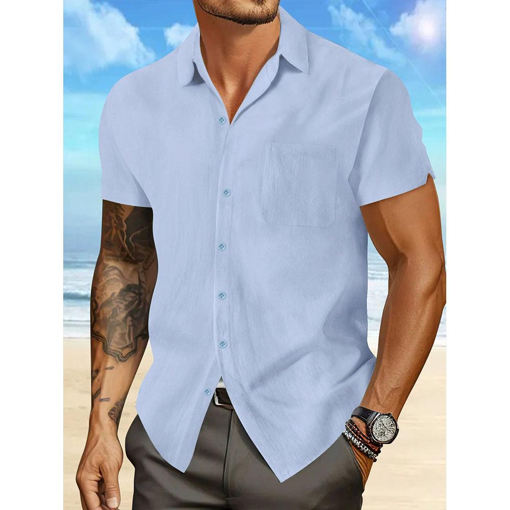 Short Sleeve Shirt for Men Summer New Fashion Casual Simple Style Cotton Linen Beach Style Solid Color Male Button Up
