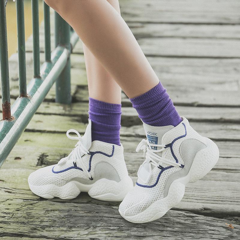 Dámské bavlněné ponožky střední délky v japonském stylu - Podzim/Zima, Jednobarevné černé, Trendy délka do půli lýtek.