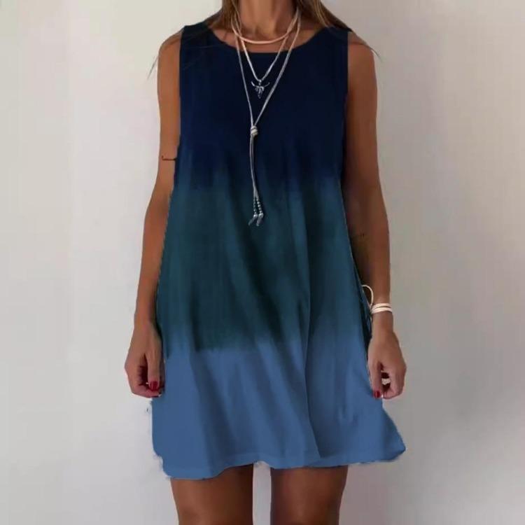 Summer Women Beach Dress Casual O Neck Tank Print Bohemian Dress for Women Dresses S синий