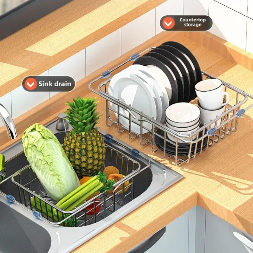 Telescopic Sink Drain Basket Stainless Steel Adjustable Kitchen Storage Organizer Space Saving Multi-functional Dishwashing Rack