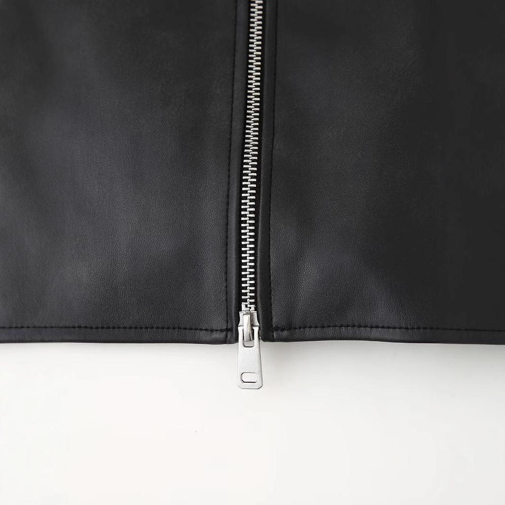 2024 European & American Style Faux Leather Slim Fit Women's Jacket with Zipper and Sexy Cami