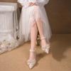 Schleife Feenstil Satin High Heels Damen Dicke Ferse Hochzeitsschuhe Braut 2025 Neu Herbst Ein-Wort Schnallenriemen Einzelne Schuhe