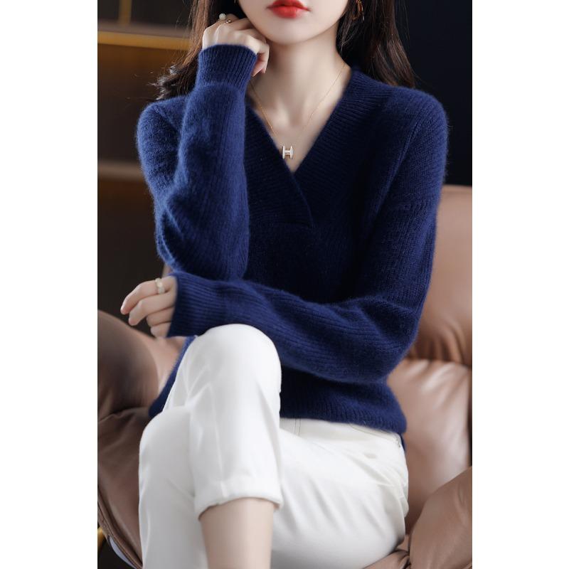 Autumn and Winter New V-neck Pullover Sweater Women's Fashion Loose Simple Knitted Thickened Tops Elegant Casual Solid Color Office Clothing