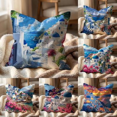 Santorini Landscape Cushion Cover Multi-Scene Pillow Cover for Home & Car - Reversible, Soft & Durable for Daily Use