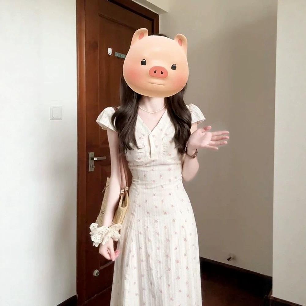 Large Size Pastoral French V-neck Short-sleeved Dress for Women, Summer Fat MM Floral A-word Skirt, Thin and Meat-covered Skirt for Women