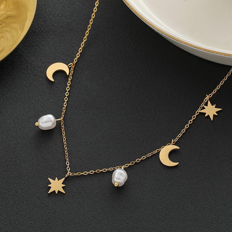 China  Trendy Light Luxury Design Stainless Steel Star Moon Natural Freshwater Pearl Tassel Charm Necklaces for Women GJ260473