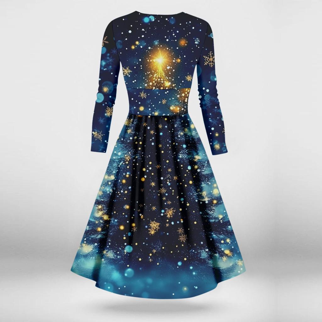 Damen-Swing-Kleid mit Weihnachtsbaum- und Schneeflocken-Print, V-Ausschnitt, schmale Passform, langärmelig