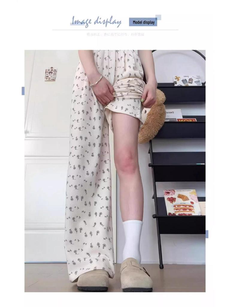 Women's Korean Floral Print High-Waist Loose Drape Pants: Summer Slimming Wide-Leg Trousers