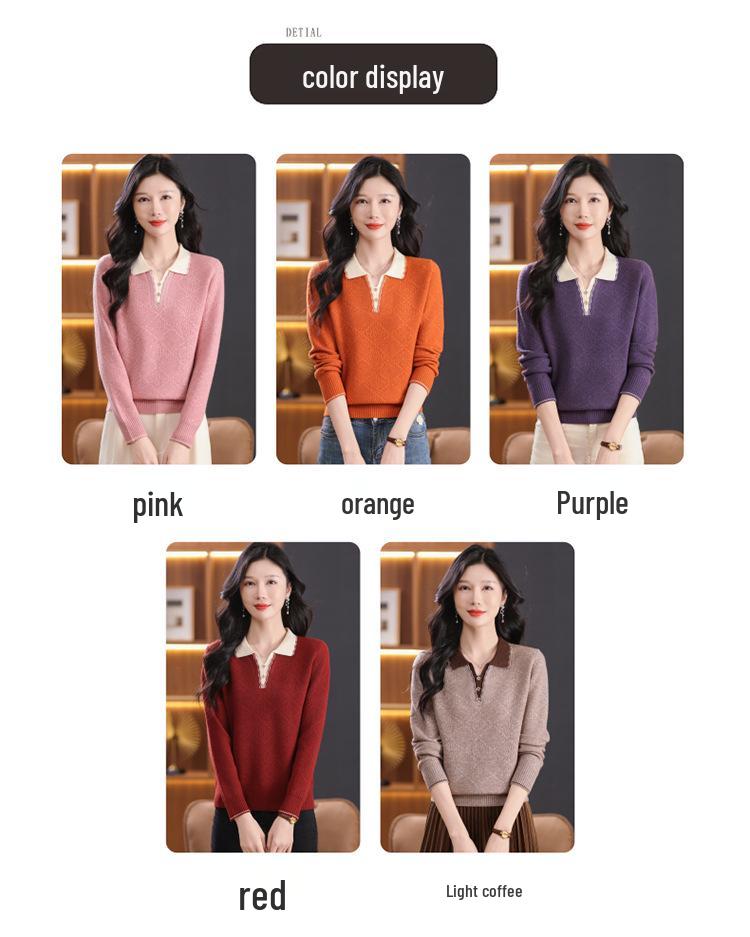 Autumn-Winter Women's Fashionable Turn-Down Collar Wool Sweater - Versatile & Stylish Knitted Design for Moms