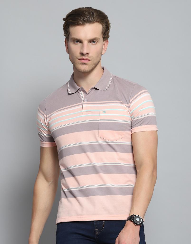 MONTE CARLO Mens Striped Peach Collar Neck Half Sleeve T-Shirt