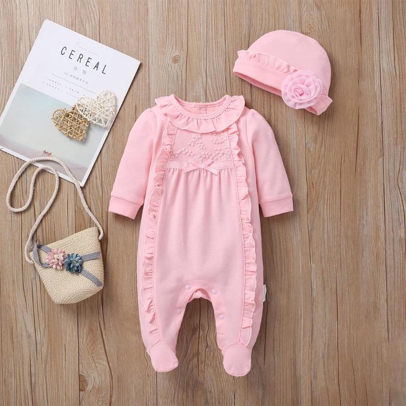 0-8 Måneder Baby Girl Klær Sett Nyfødt Baby Girl Bomullsantrekk Broderi Volanger Foot Wrap Romper+3D Flower Hat 2stk