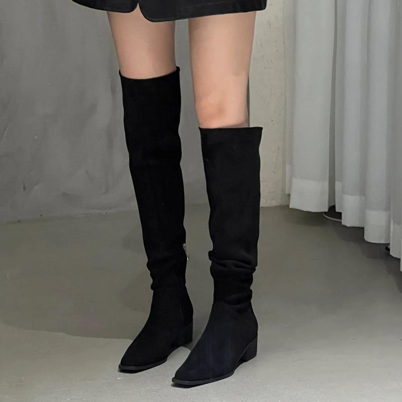 

Huge legs! Two knee boots retro suede pleated pile boots square head thick heel tall knight boots 39
