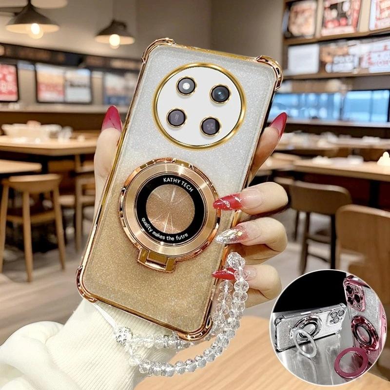 Magic7lite Clear Chain Luxury Ring Holder Plating Silicone Case on For Huawei Honor Magic 7 6 5 Magic7 Lite X9c Shockproof Cover
