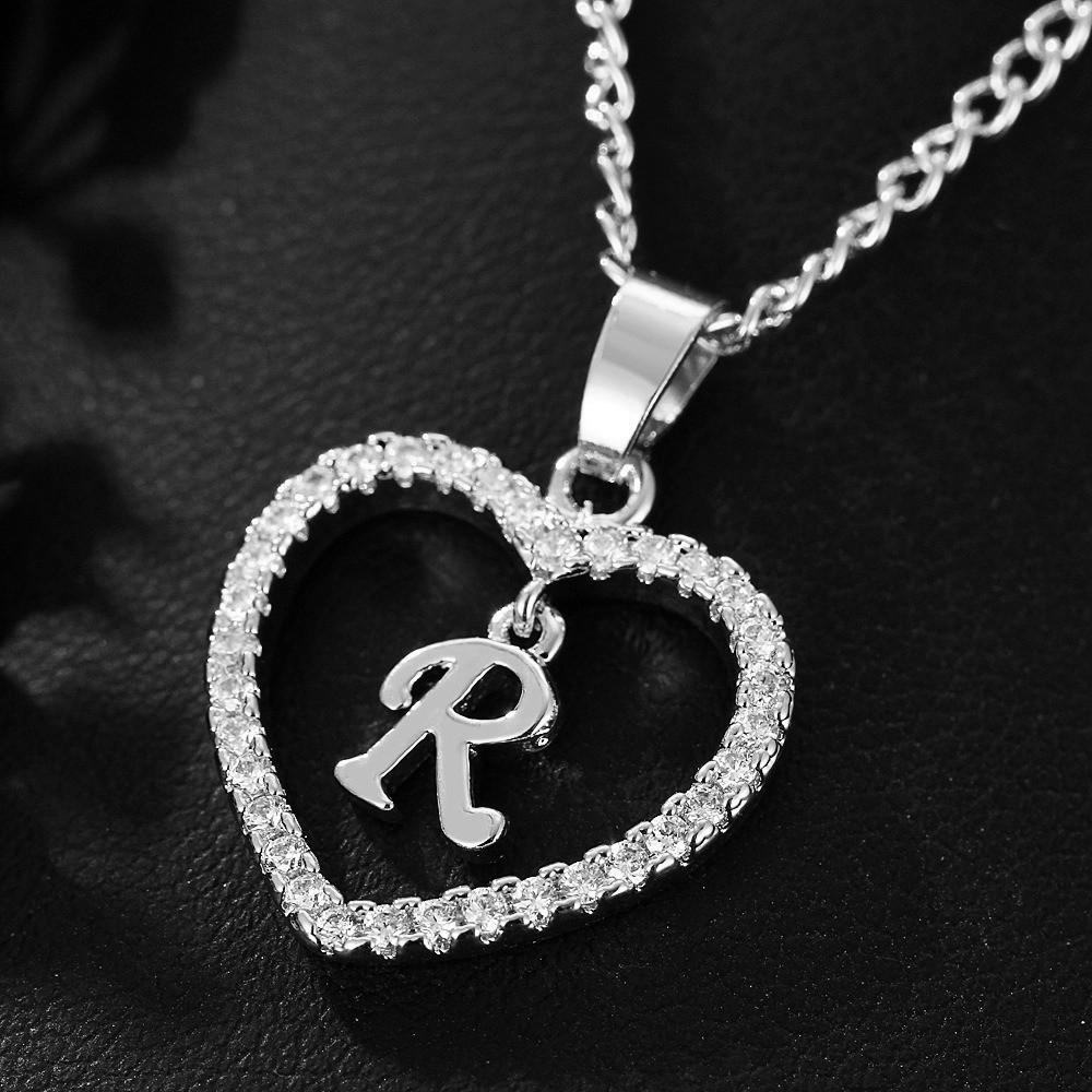 Heart Pendant Zircon Letter Necklace - 26 Letters Available