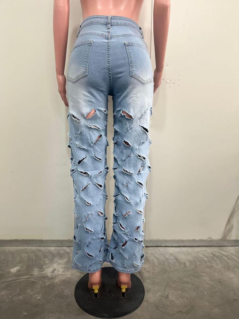 M-6202 European and American Spring/Summer Women's Fashionable Sexy Ripped Washed Denim Pants