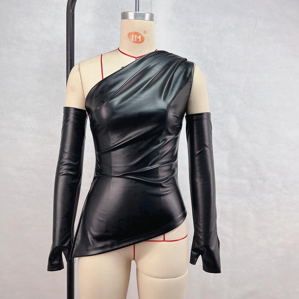 Women's Autumn New Street Hipster Sleeveless Diagonal Neck PU Leather Vest Plus Sleeve Top