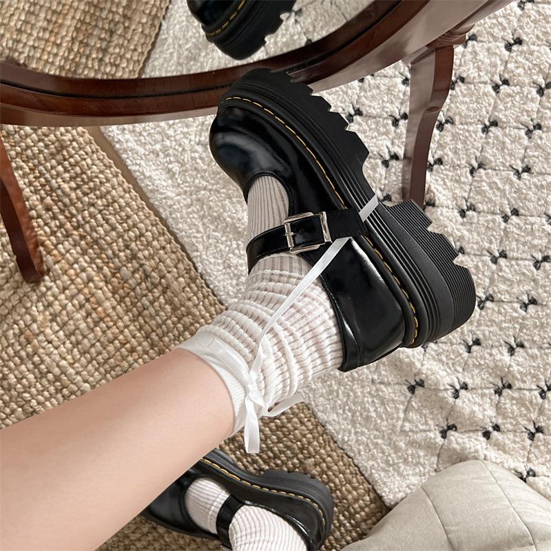 Black French Thick Heel Platform Small Leather Shoes Spring and Autumn Round Head Shallow Mouth Mary Jane Single Shoes