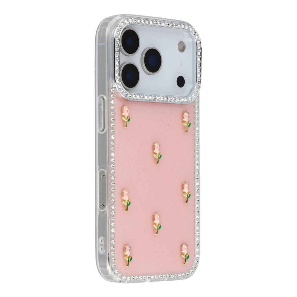 For iPhone 17 Pro Max Case Rhinestone Edge Small Tulips Decor TPU+PC IMD Phone Cover