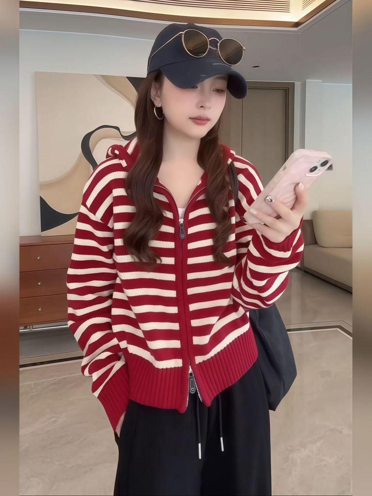 Korean-Style Striped Hooded Cardigan Sweater - 2025 New Casual Wear