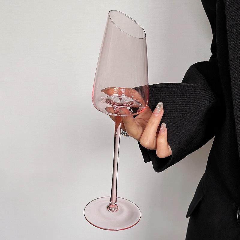 Crystal Pink Bevel Angled Goblet Champagne Glasses for Sparkling Wine Red Dessert Glasses Home Use