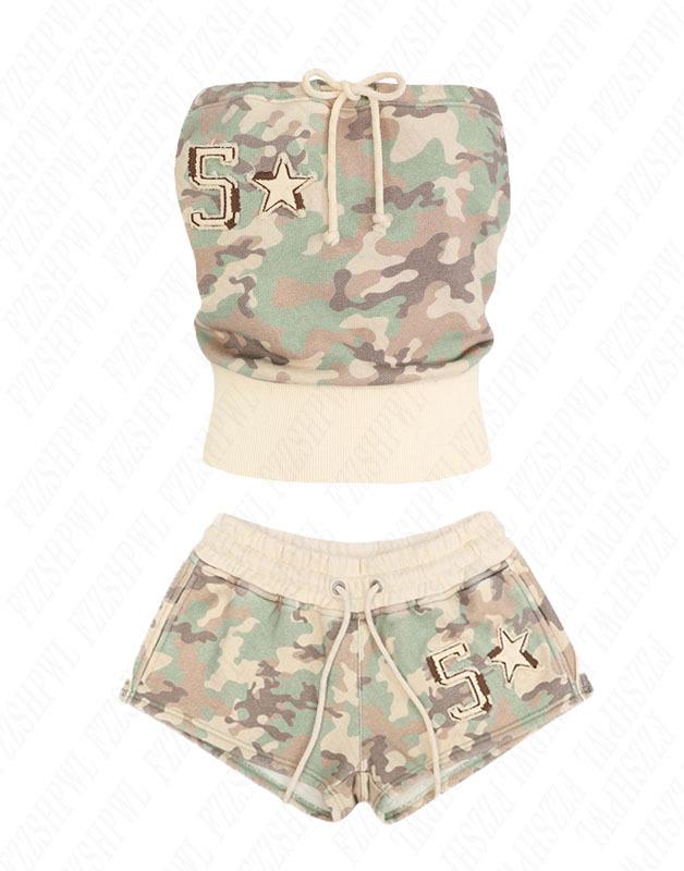 Y2K American Retro Camouflage Bandeau & Shorts Set