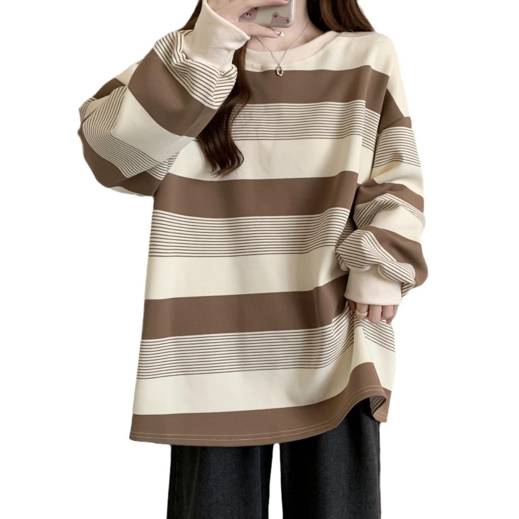Vintage Stripe Tee Women Early Spring Thin Loose Slim Wearable Base Layer Student Long Sleeve