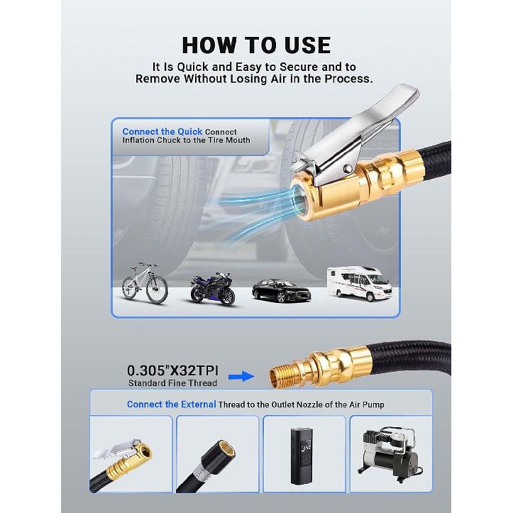 12'' Tire Inflator Extension Hose, Tyre Pump Clip-On Air Chuck Adapter for Quick-Inflation Lock, High-Pressure Tube Quick Connect for Car Motorcycle