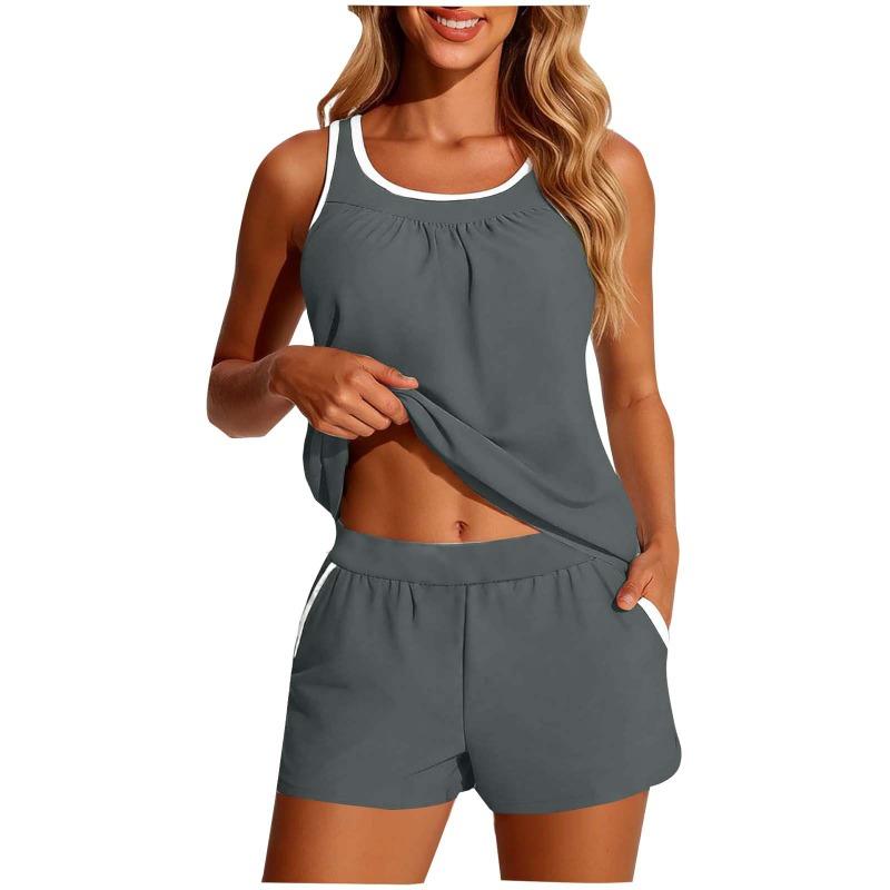 Women Solid Color Quick Dry High Elastic Slimming Split Tankini Swimsuit