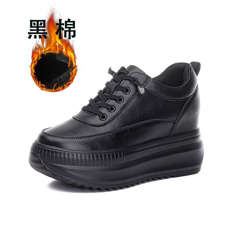 Black Leather Platform Sneakers Thick Sole Non-slip Chunky Shoes Women  New Autumn Winter Fashion Comfortable Casual Shoes