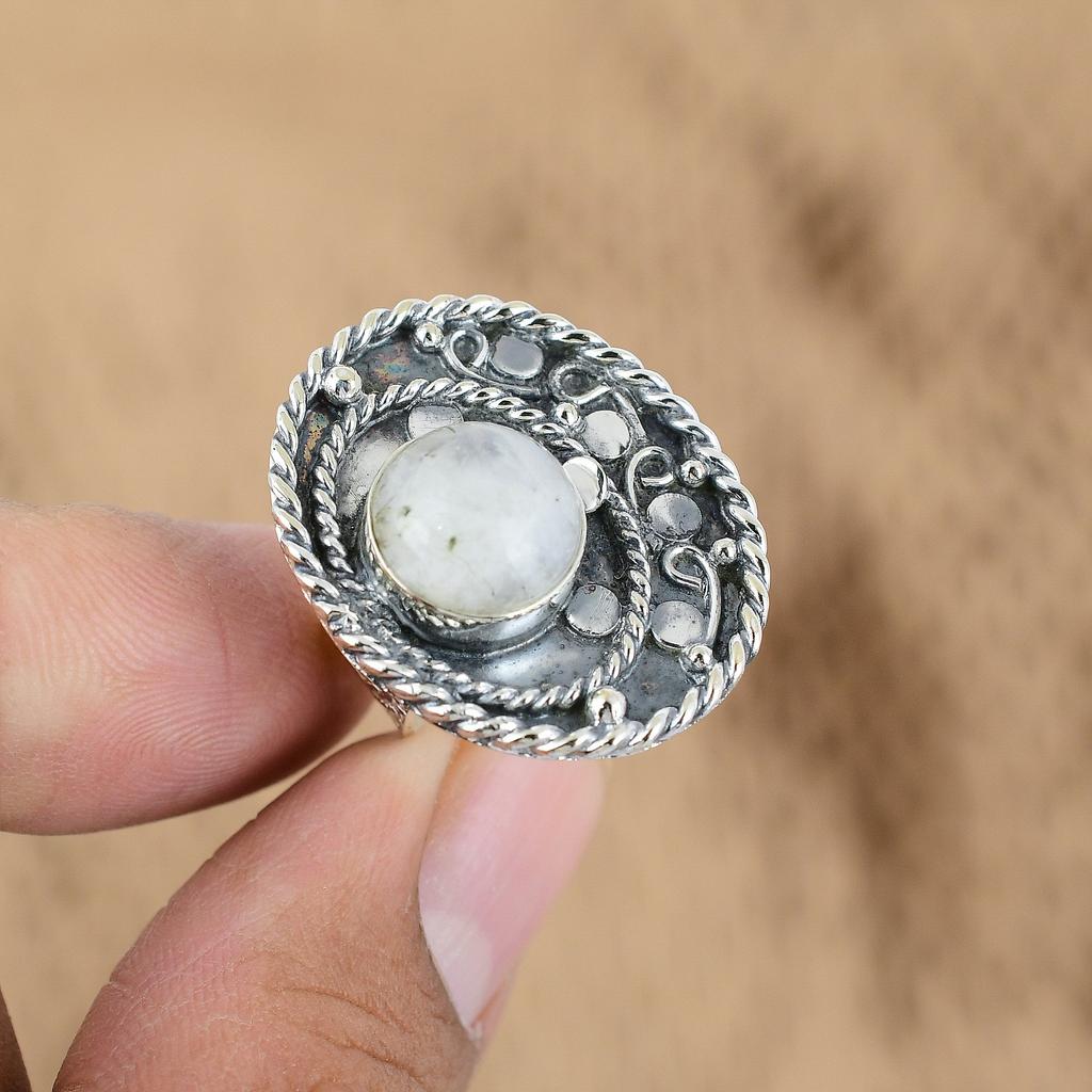 925 Sterling Silver Crown Chakra Rainbow Moonstone Gemstone Artisan Ring Jewelry