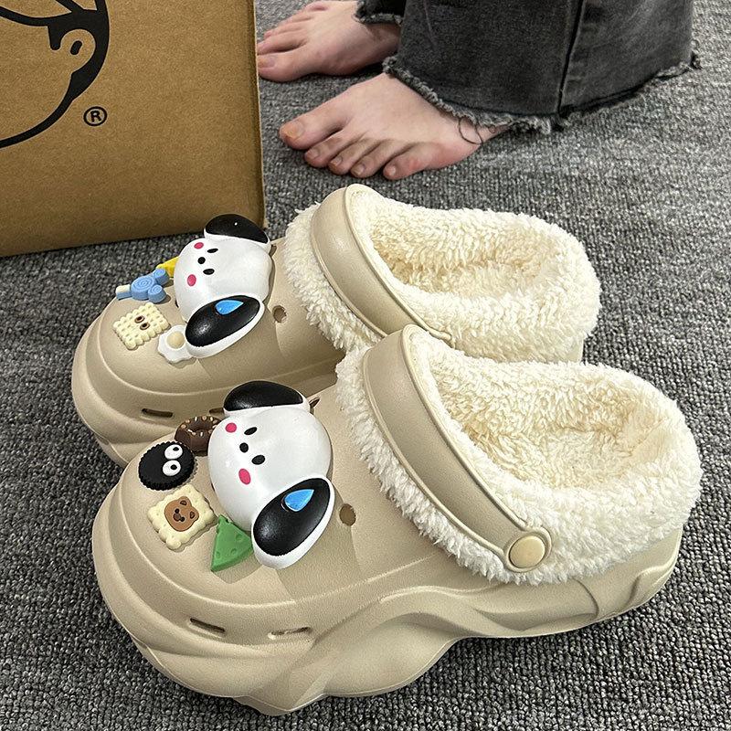 New velvet hole shoes women's winter non-slip outer wear cotton shoes heightened thick-soled home removable cotton slippers