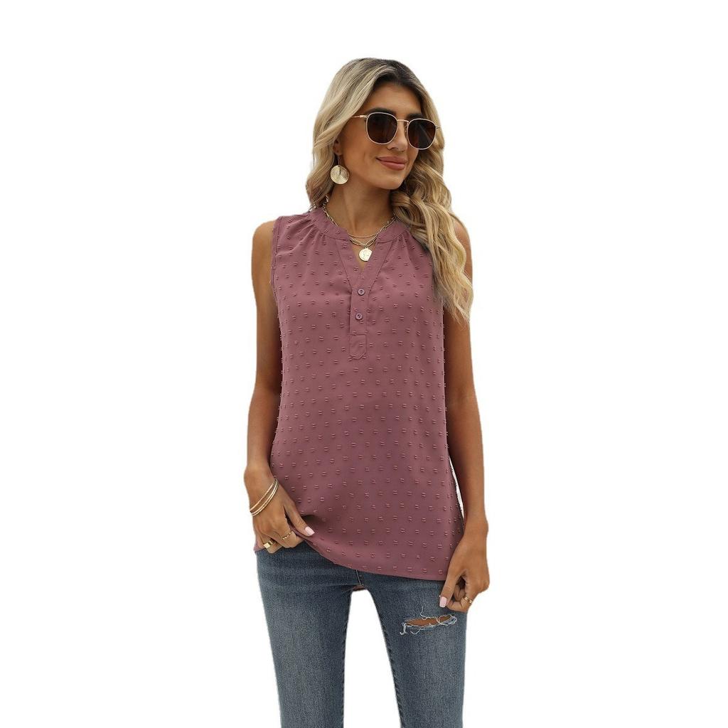 Summer Women's Solid Color Chiffon Loose V-Neck Jacquard Sleeveless Casual Vest Top for Crossborder European American
