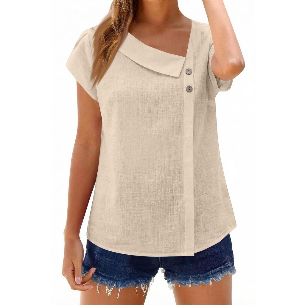 Womens Cotton Linen Tops Asymmetric Neck Short Sleeve Shirts With Buttons