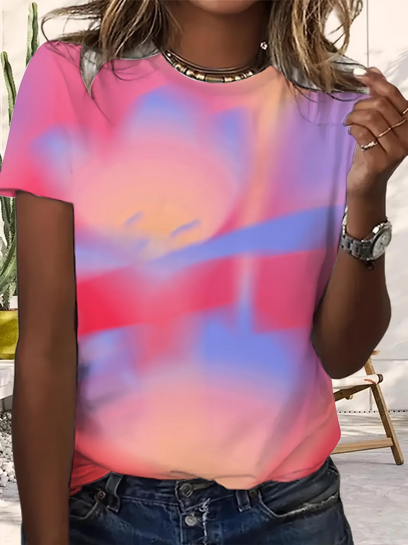 Women s T-shirt Abstract Tie Dye Print Color Gradient Pattern Casual Crew Neck Top XXS