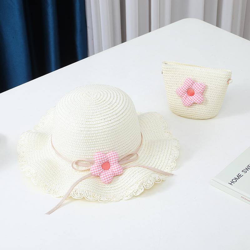 New 2 Pcs Summertime Children Straw Hat and Shoulder Bag Girls Outdoor Flowers Beach Cap Cute Travel Beach Sun Hat Crossbody Bag