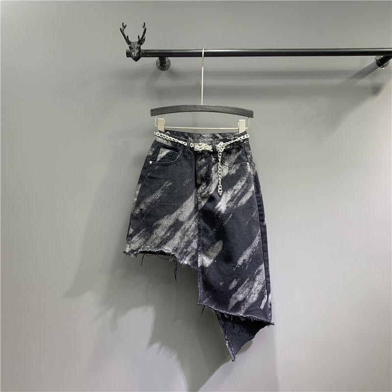 

Irregular Tie-Dye Mid Length Long Length Ins Denim Skirt Black S